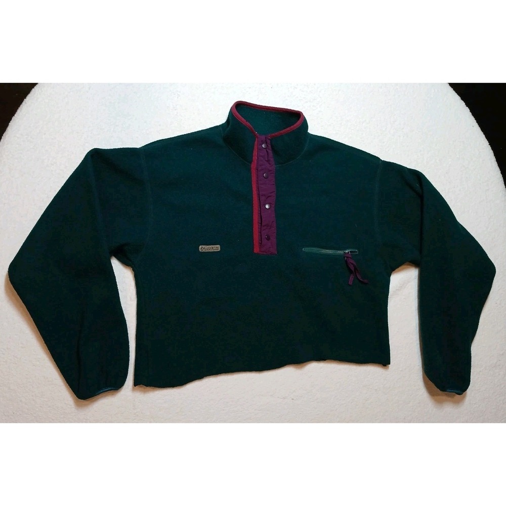 Vtg Columbia Green Fleece Pullover Jacket Mens Size M Snap Neck Pocket USA Crop*